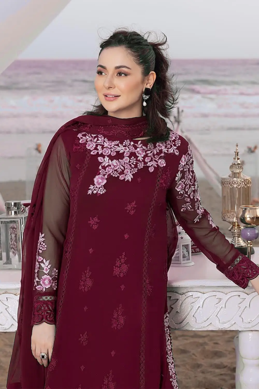 Luxury Chiffon Embroidered 3 Piece Unstitched Suit for Women | Heavy Sequence Embroidery & Adda Work | Designer Party Wear with Malai Trouser