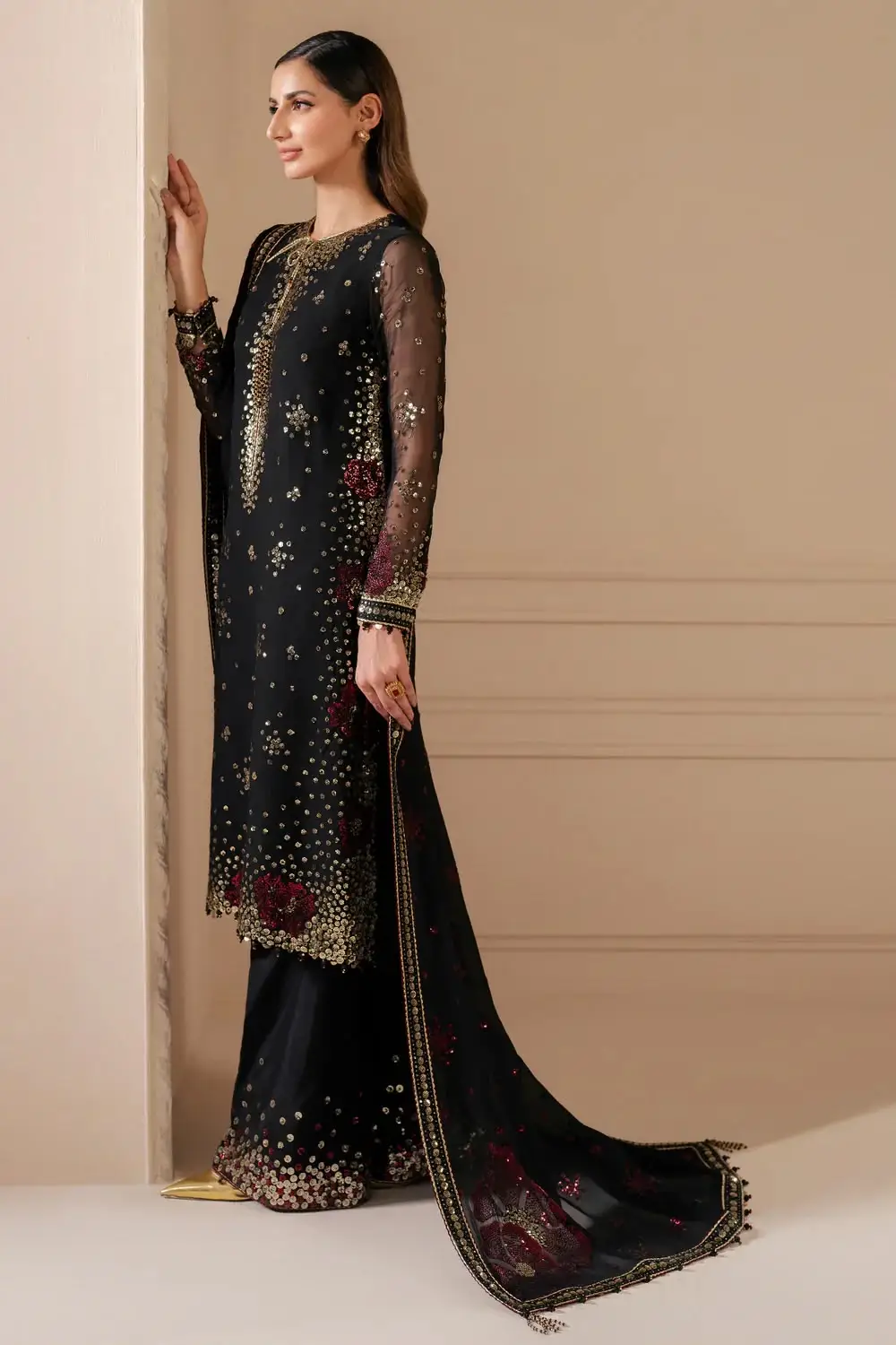 Luxury Chiffon Embroidered 3 Piece Unstitched Suit for Women | Heavy Embroidery Designer Party Wear | Ready to Wear Embroidered Dupatta with Shamoz Silk Trouser