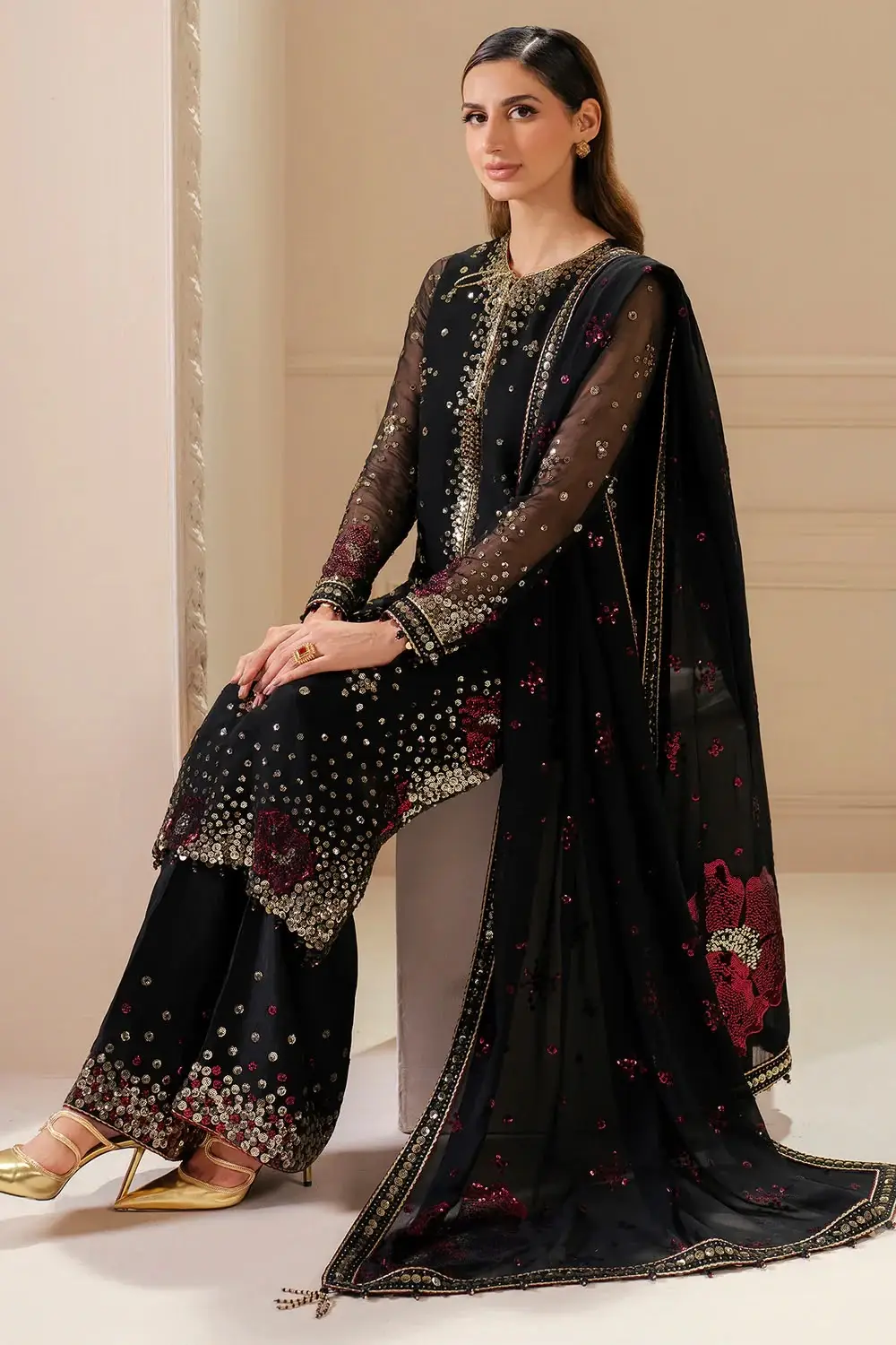 Luxury Chiffon Embroidered 3 Piece Unstitched Suit for Women | Heavy Embroidery Designer Party Wear | Ready to Wear Embroidered Dupatta with Shamoz Silk Trouser