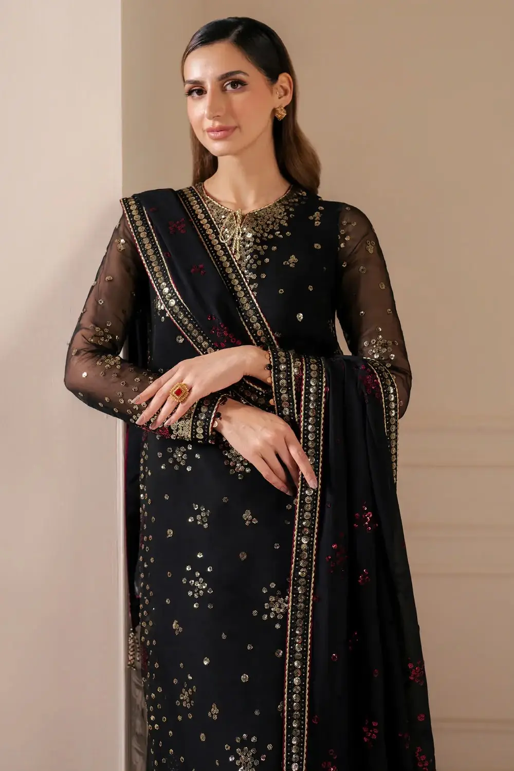 Luxury Chiffon Embroidered 3 Piece Unstitched Suit for Women | Heavy Embroidery Designer Party Wear | Ready to Wear Embroidered Dupatta with Shamoz Silk Trouser
