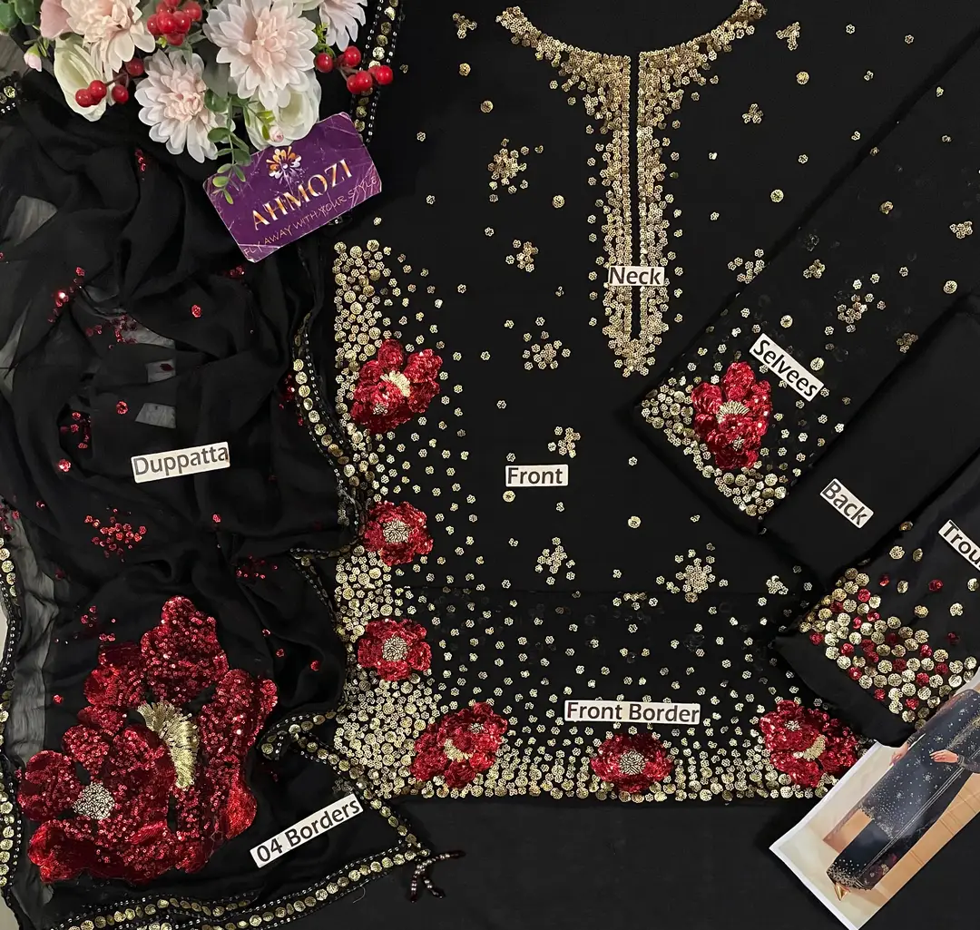 Luxury Chiffon Embroidered 3 Piece Unstitched Suit for Women | Heavy Embroidery Designer Party Wear | Ready to Wear Embroidered Dupatta with Shamoz Silk Trouser