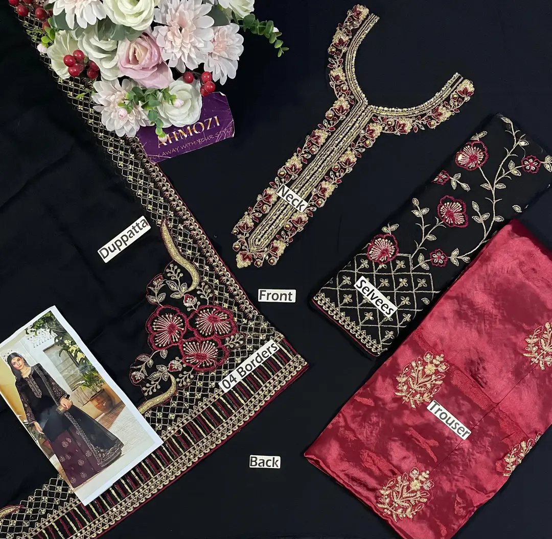 Luxury Chiffon Embroidered 3 Piece Unstitched Suit for Women | Heavy Embroidery & Adda Work | Ready to Wear Embroidered Dupatta | Embroidered Silk Trouser
