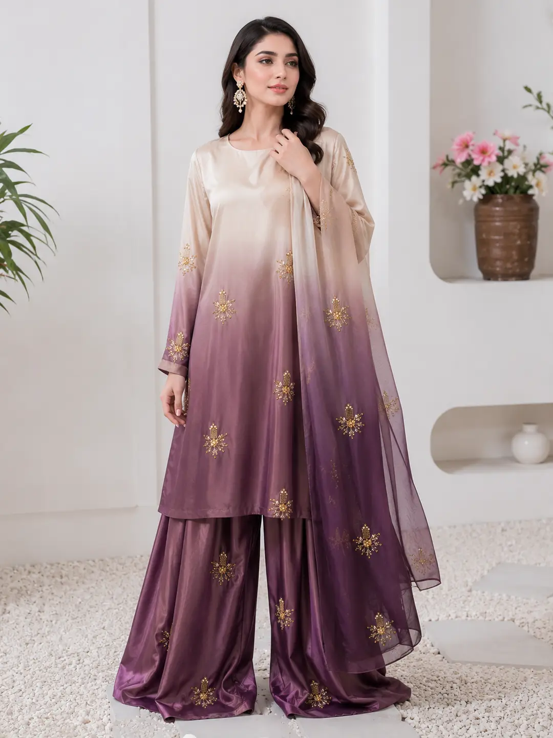 Multi Shaded Digital Printed Shamoz Silk 3 Piece Suit for Women | Embroidered Sequence Work Shirt | Pure Apple Silk Dupatta | Unstitched Pakistani Party Wear Dress