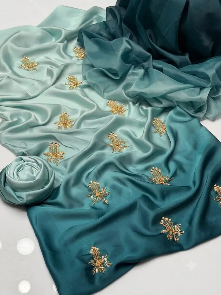 Multi Shaded Digital Printed Shamoz Silk 3 Piece Suit for Women | Embroidered Sequence Work Shirt | Pure Apple Silk Dupatta | Unstitched Pakistani Party Wear Dress