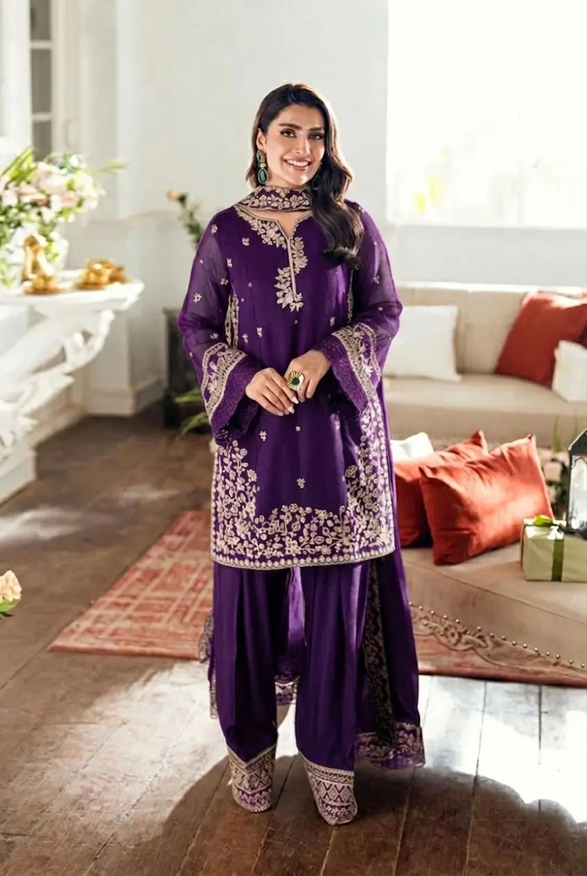 Women's Embroidered Farshi Shalwar 3 Piece Silk Suit with Embroidered Chiffon Dupatta – Pakistani Party Wear Dress
