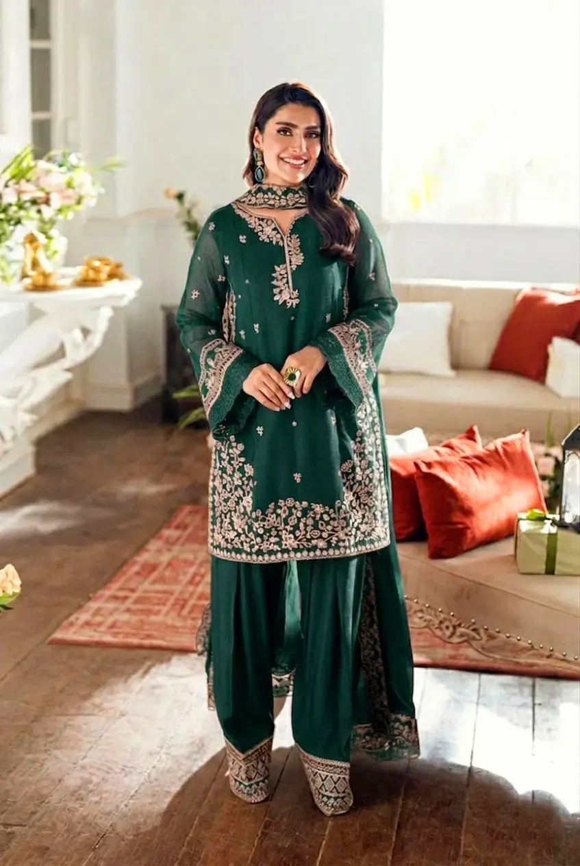 Women's Embroidered Farshi Shalwar 3 Piece Silk Suit with Embroidered Chiffon Dupatta – Pakistani Party Wear Dress