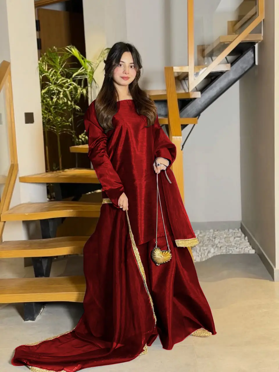 Women's Silk Long Flare Sharara Suit 3 Piece Set with Four Side Lace Work Chiffon Dupatta | Pakistani Party Wear Dress