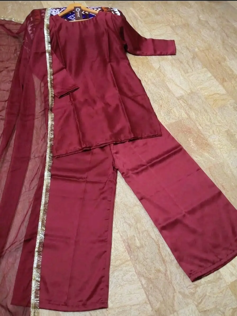 Women's Silk Long Flare Sharara Suit 3 Piece Set with Four Side Lace Work Chiffon Dupatta | Pakistani Party Wear Dress