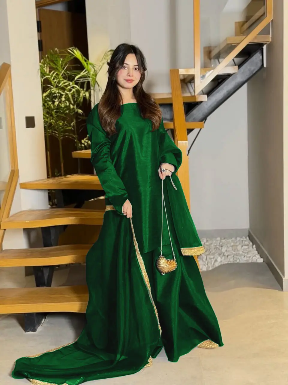 Women's Silk Long Flare Sharara Suit 3 Piece Set with Four Side Lace Work Chiffon Dupatta | Pakistani Party Wear Dress