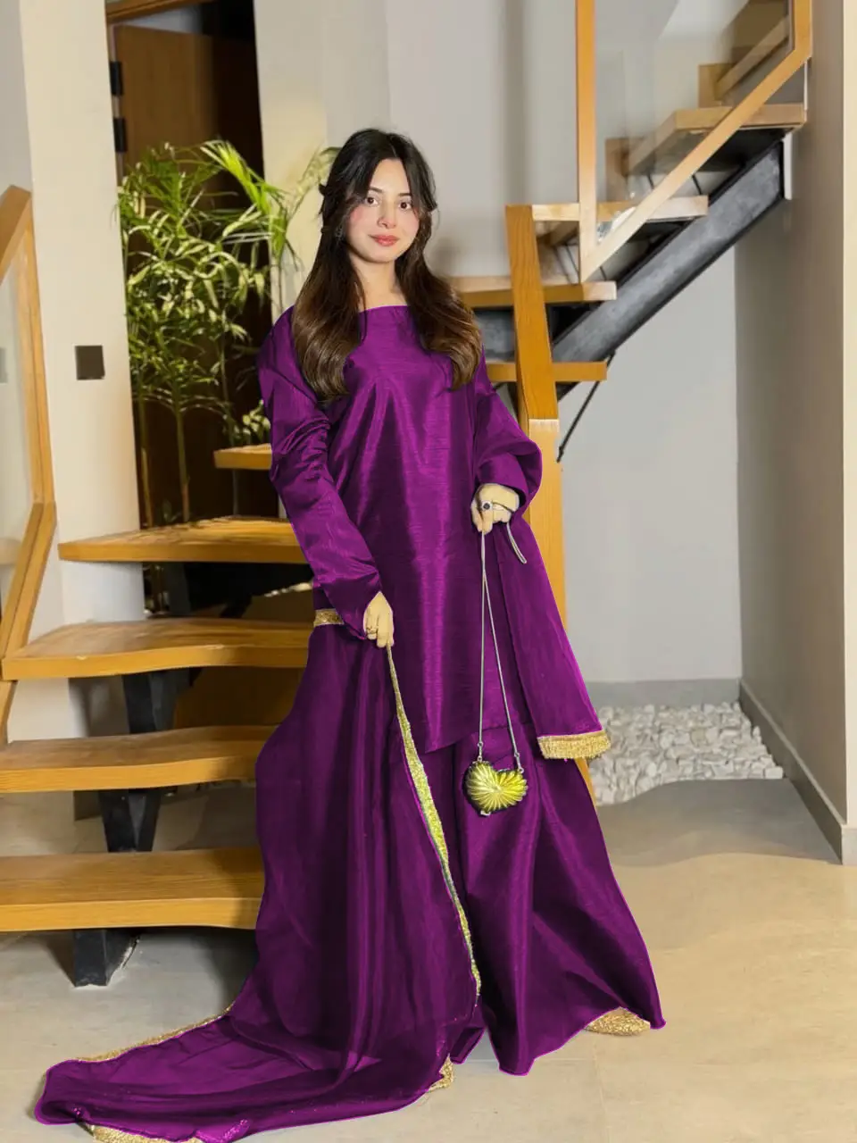 Women's Silk Long Flare Sharara Suit 3 Piece Set with Four Side Lace Work Chiffon Dupatta | Pakistani Party Wear Dress