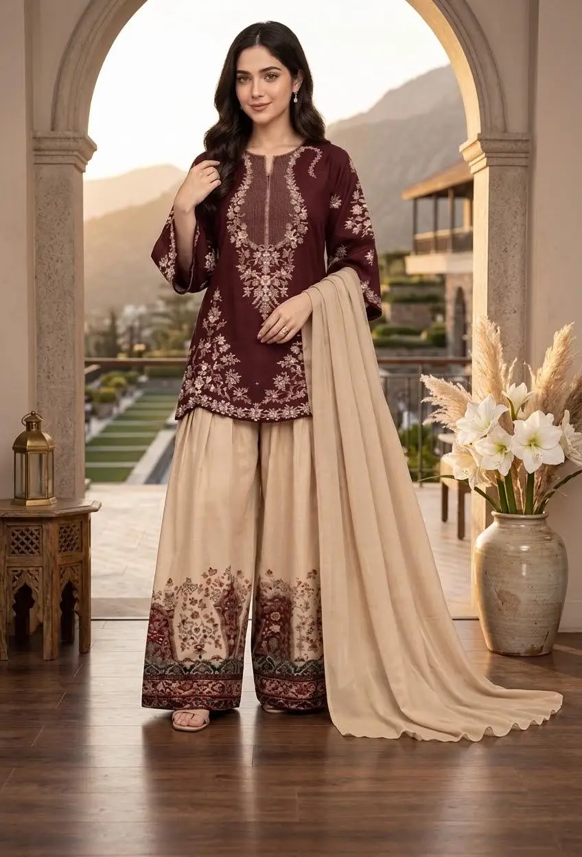 3 Pcs Women’s Stitched Cotton Embroidered Suit