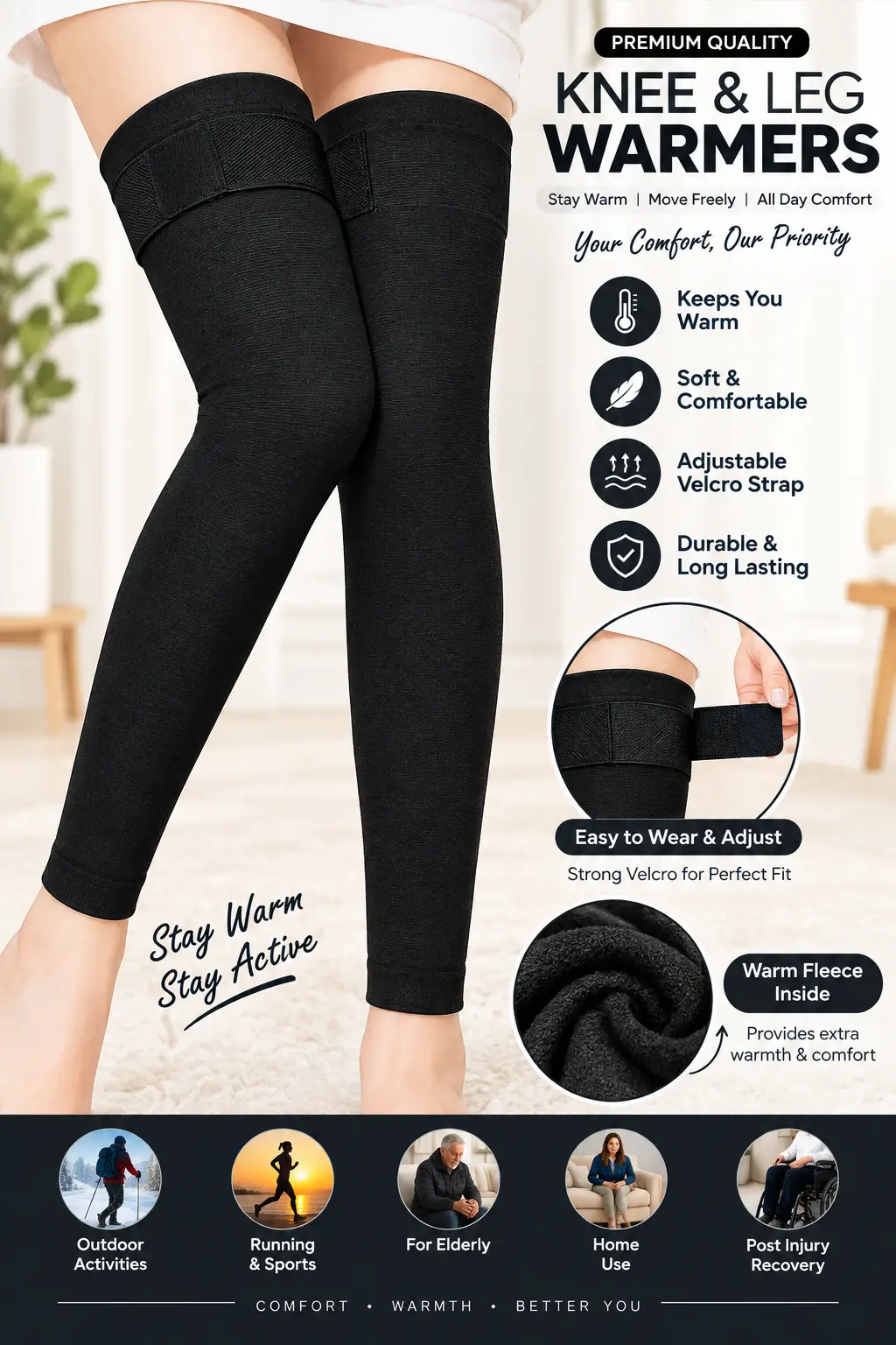 Knee & Leg Warmer with Adjustable Strap | Thermal Knee Support Brace | Warm Compression Sleeve for Men & Women | Sports & Winter Use