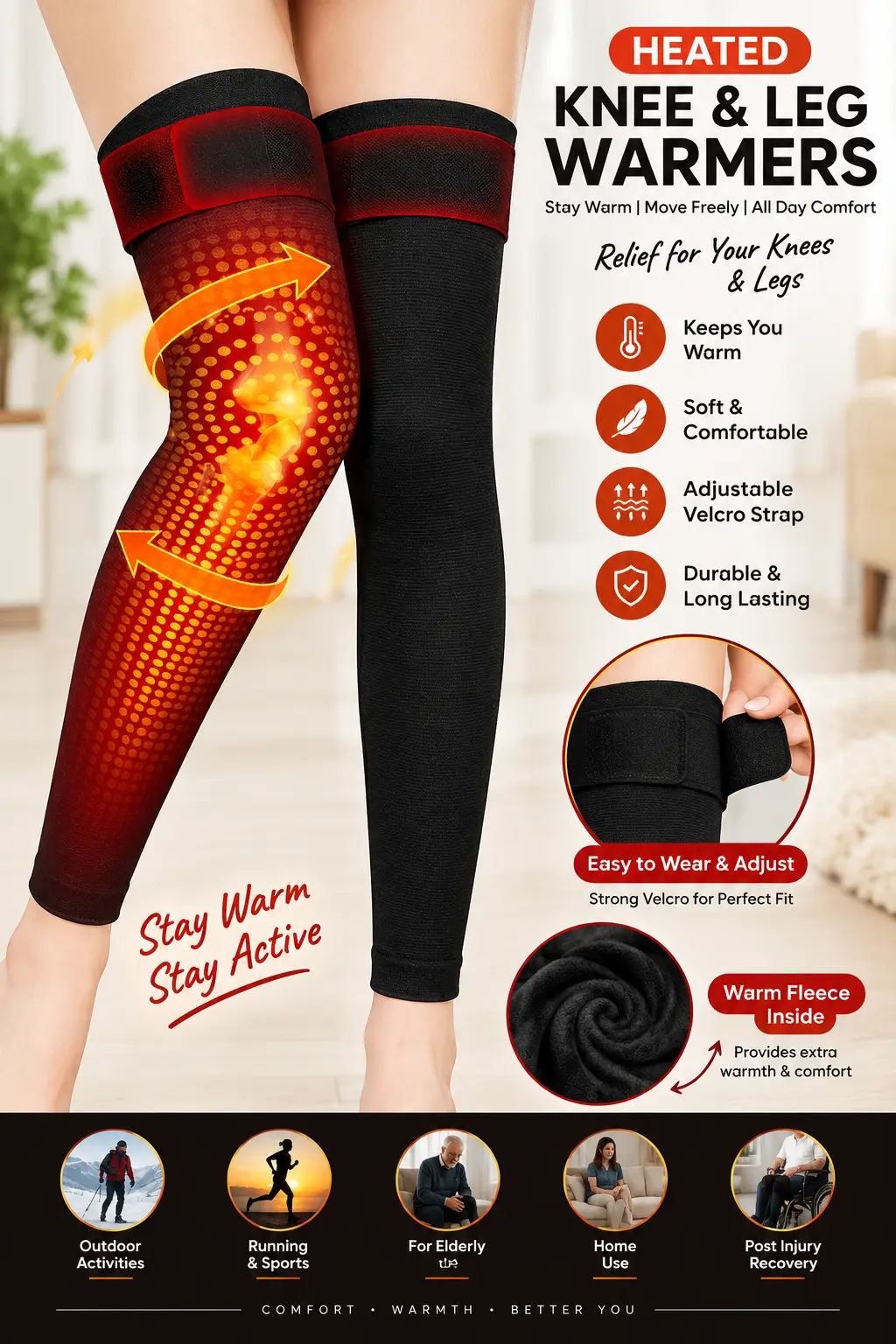 Knee & Leg Warmer with Adjustable Strap | Thermal Knee Support Brace | Warm Compression Sleeve for Men & Women | Sports & Winter Use