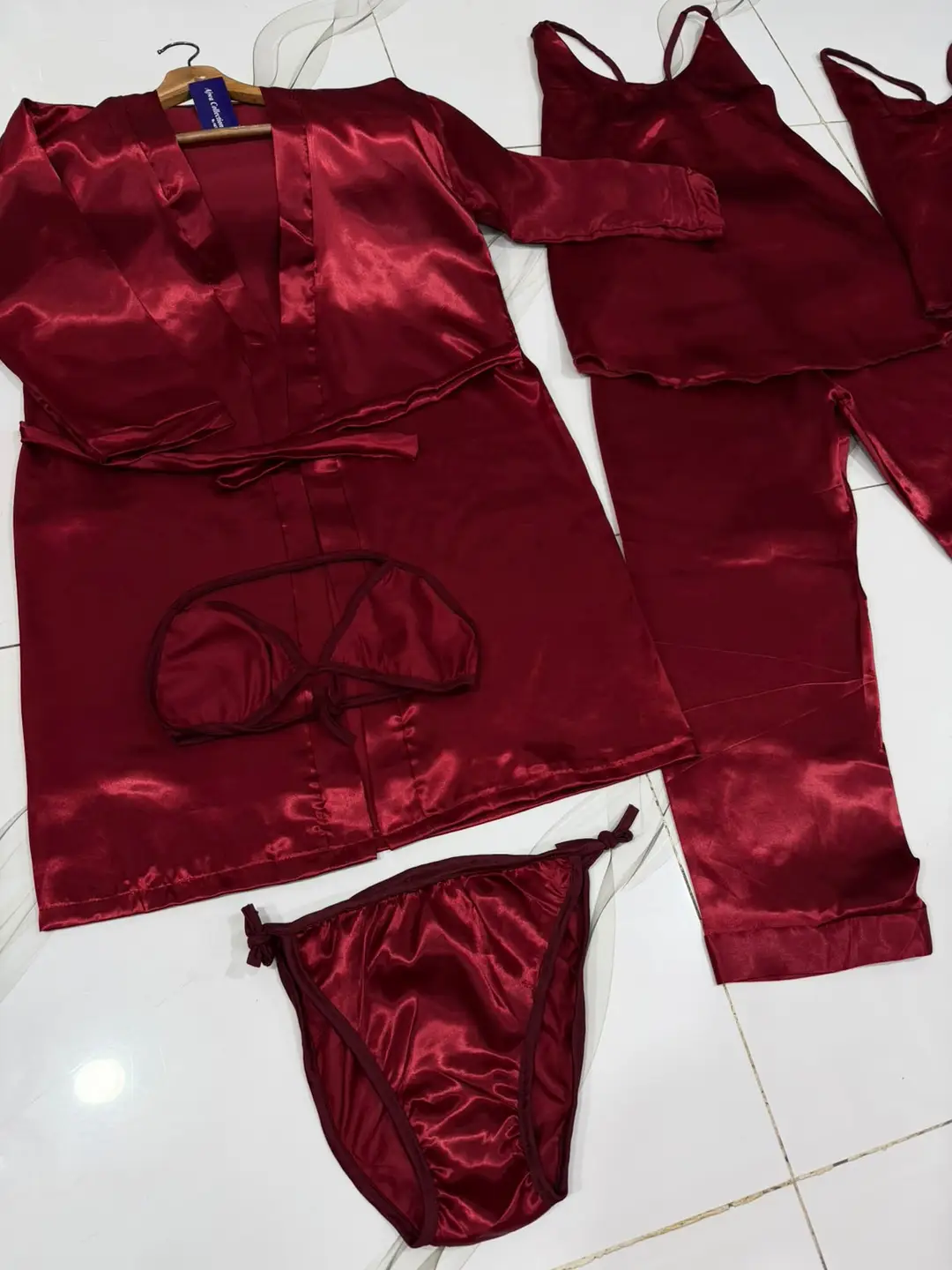 Imported China Silk 7 Pcs Nightwear Set for Women – Satin Silk Sleepwear, Gown, Inner, Shorts, Trouser & Bikini, Premium Soft Night Suit