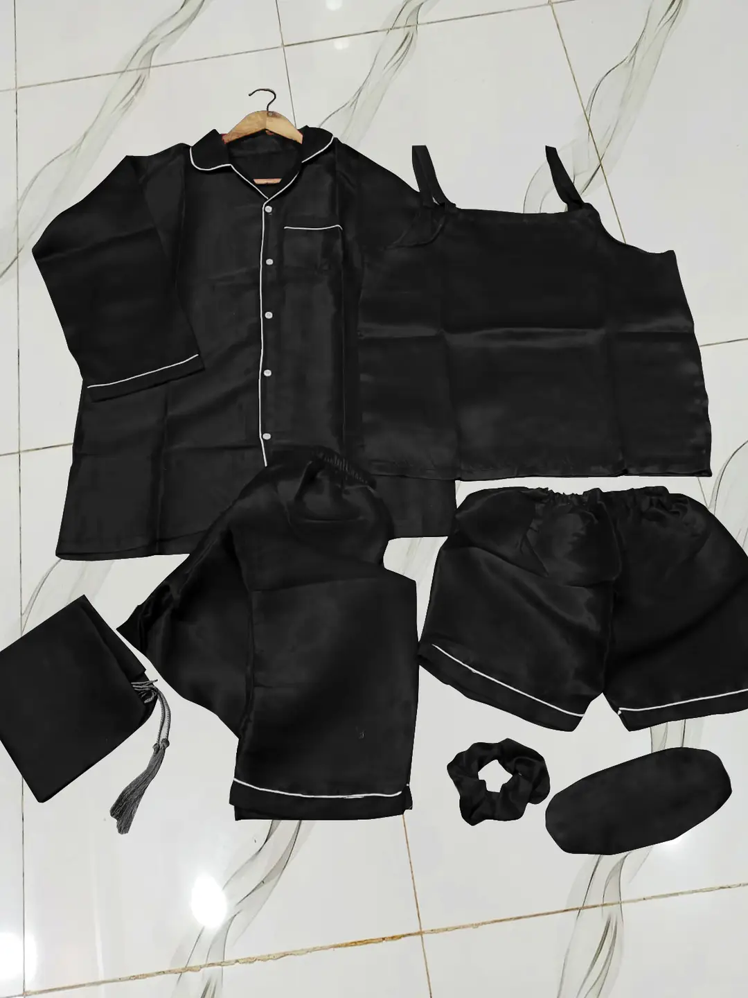 7 Pcs Women's Shamose Silk Nightwear Set | Camisole, Shirt, Trouser & Shorts | Piping Work Sleepwear | Scrunch, Eye Mask & Potli Bag | Luxury Night Suit
