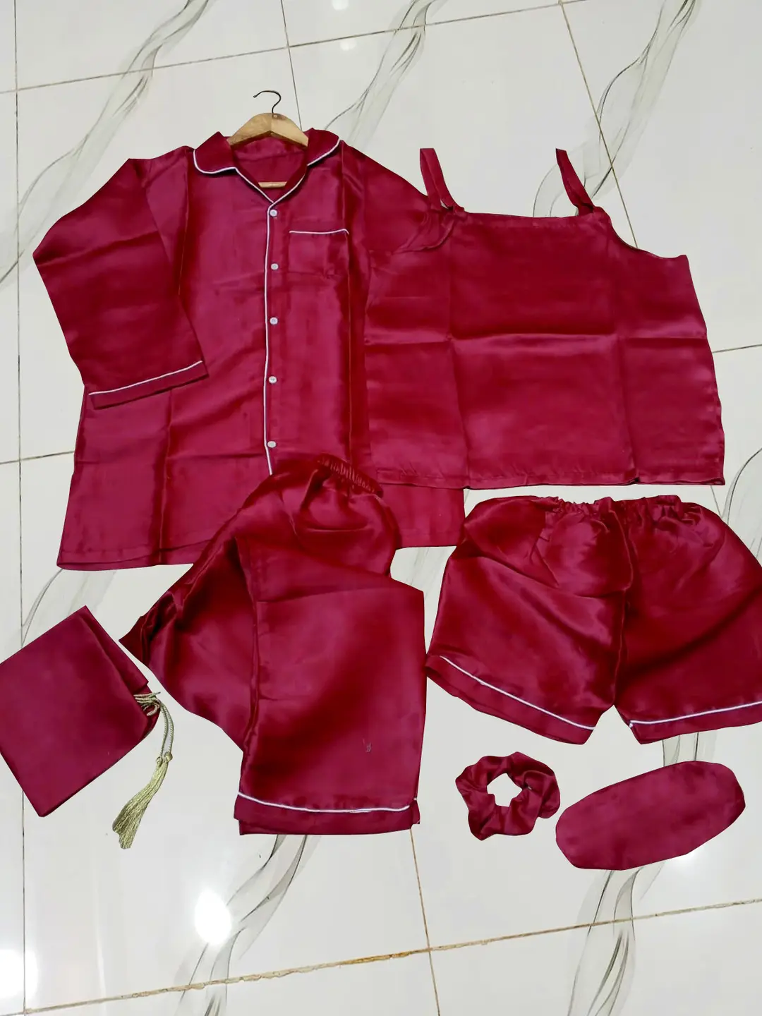 7 Pcs Women's Shamose Silk Nightwear Set | Camisole, Shirt, Trouser & Shorts | Piping Work Sleepwear | Scrunch, Eye Mask & Potli Bag | Luxury Night Suit