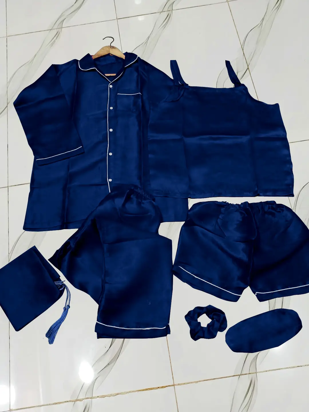 7 Pcs Women's Shamose Silk Nightwear Set | Camisole, Shirt, Trouser & Shorts | Piping Work Sleepwear | Scrunch, Eye Mask & Potli Bag | Luxury Night Suit