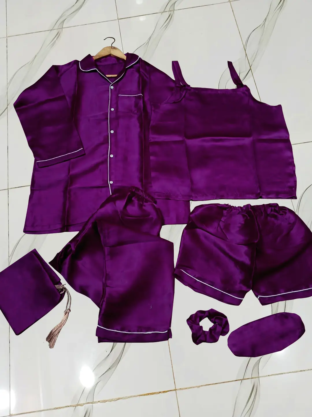 7 Pcs Women's Shamose Silk Nightwear Set | Camisole, Shirt, Trouser & Shorts | Piping Work Sleepwear | Scrunch, Eye Mask & Potli Bag | Luxury Night Suit
