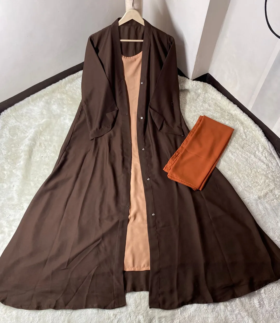 Brown China Georgette Abaya 55" with Stoller for Women