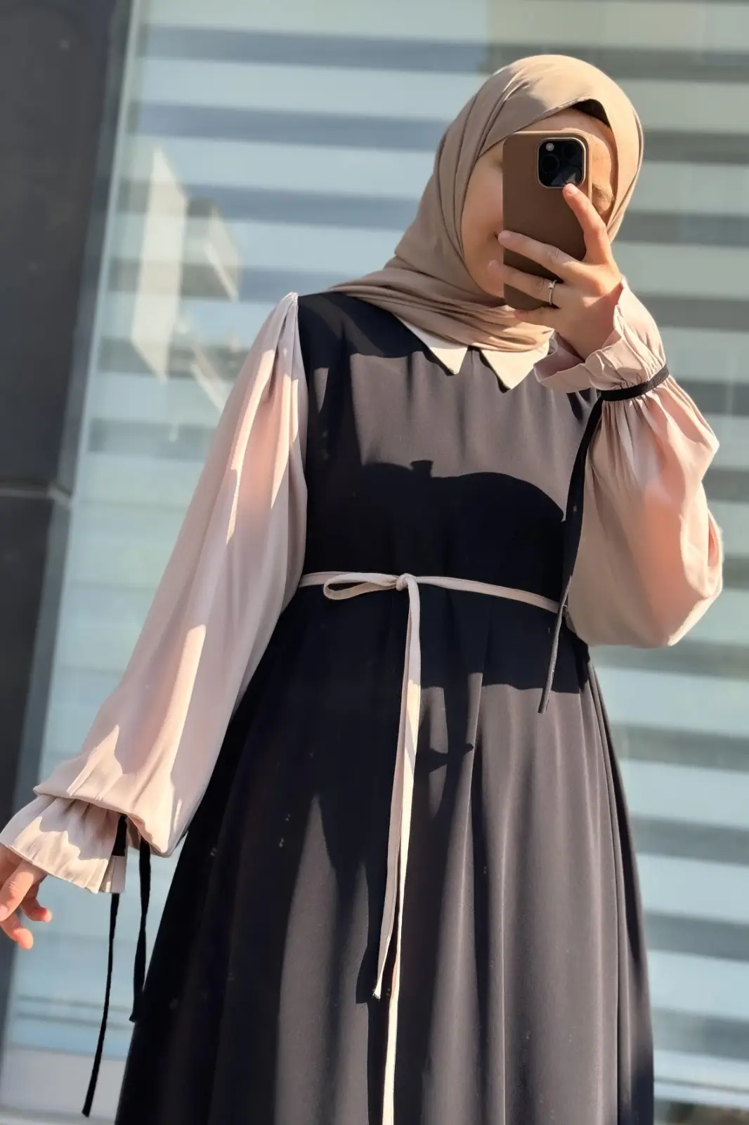 Abaya for Women with Belt & Stroller | Collar Abaya in Soft Wool Peach Fabric | Ready to Wear Abaya