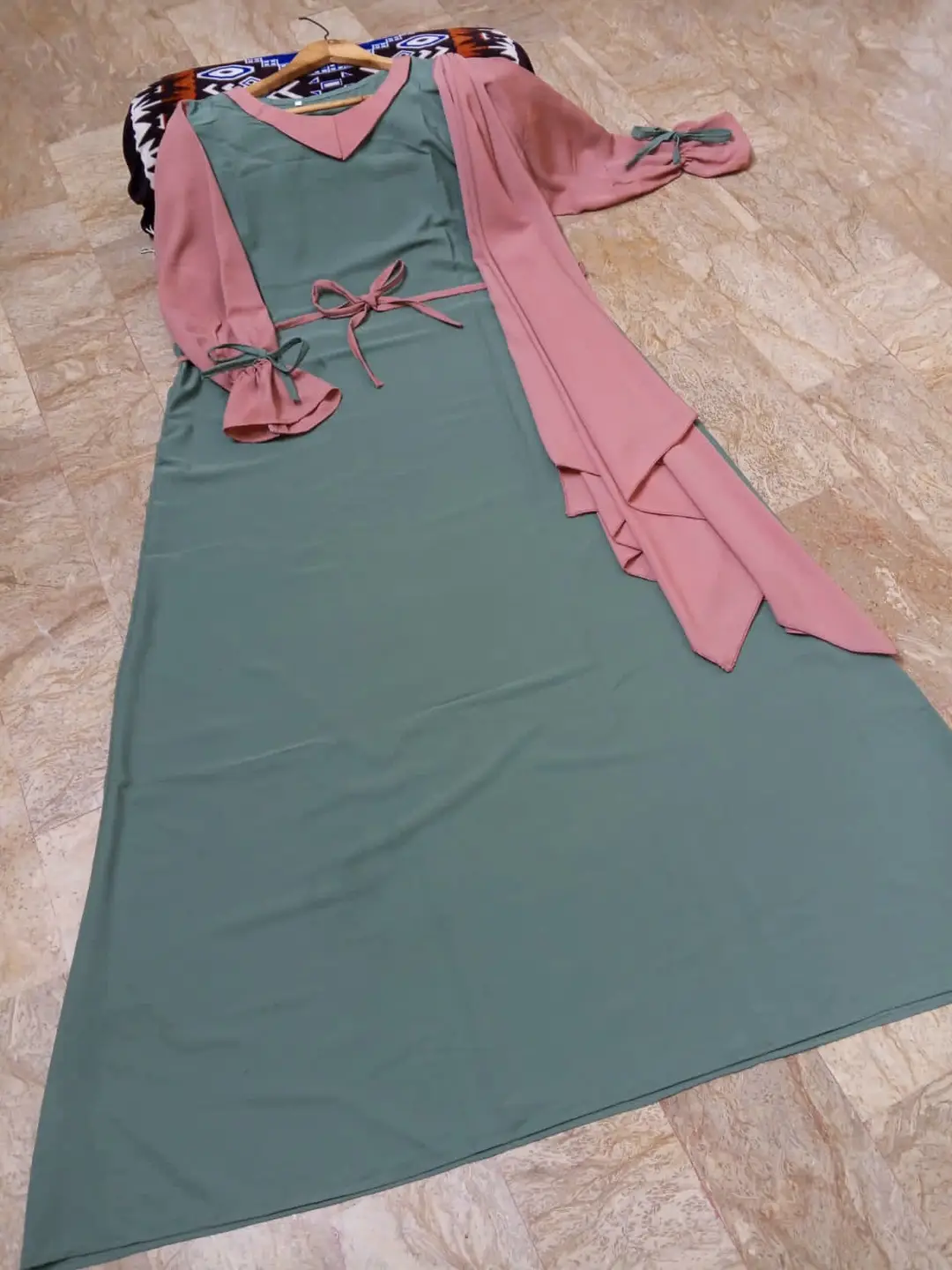 Abaya for Women with Belt & Stroller | Collar Abaya in Soft Wool Peach Fabric | Ready to Wear Abaya