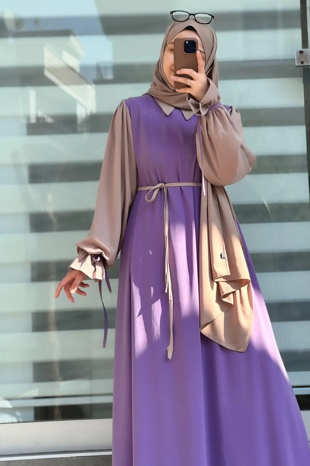Abaya for Women with Belt & Stroller | Collar Abaya in Soft Wool Peach Fabric | Ready to Wear Abaya