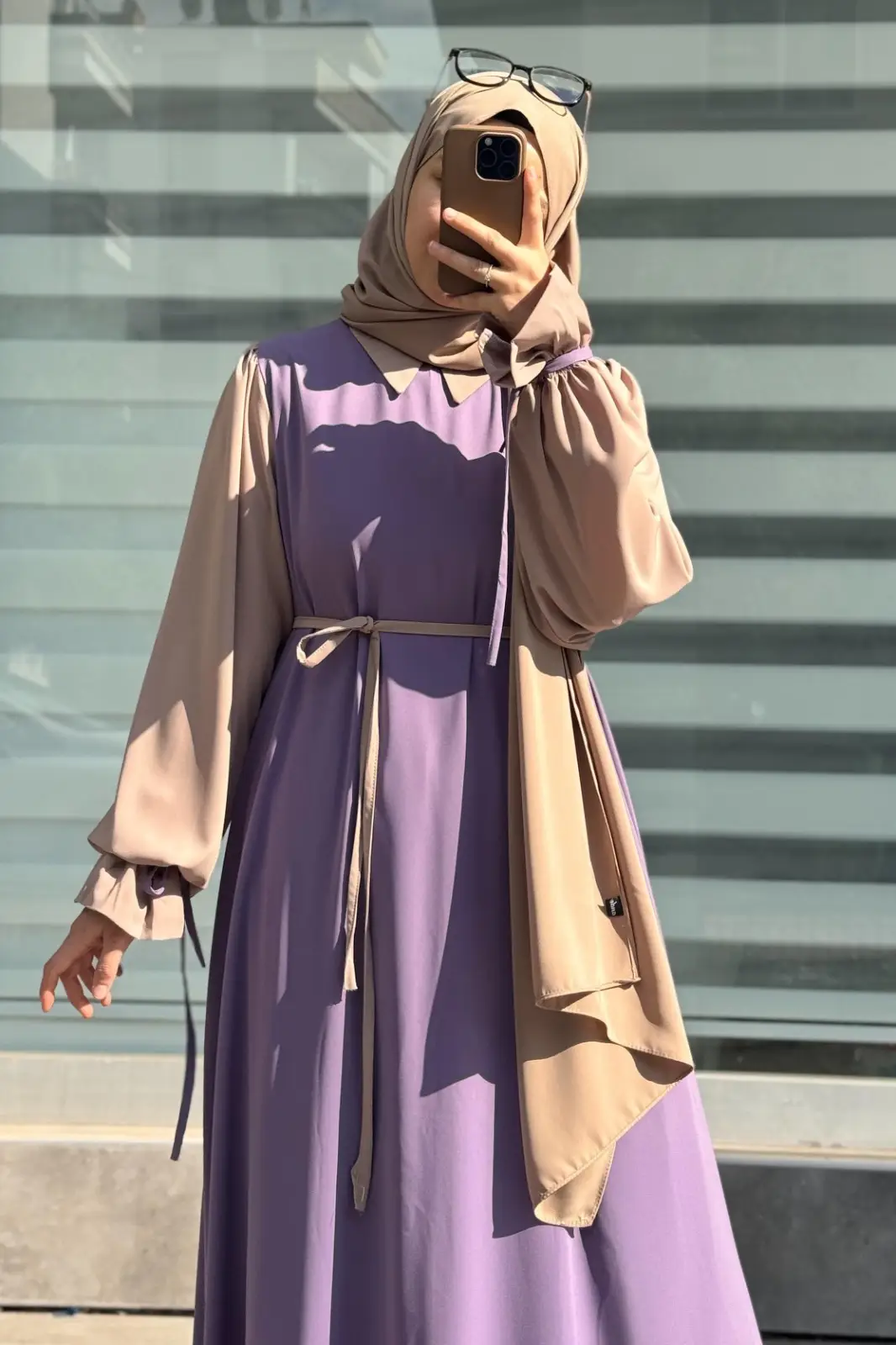 Abaya for Women with Belt & Stroller | Collar Abaya in Soft Wool Peach Fabric | Ready to Wear Abaya