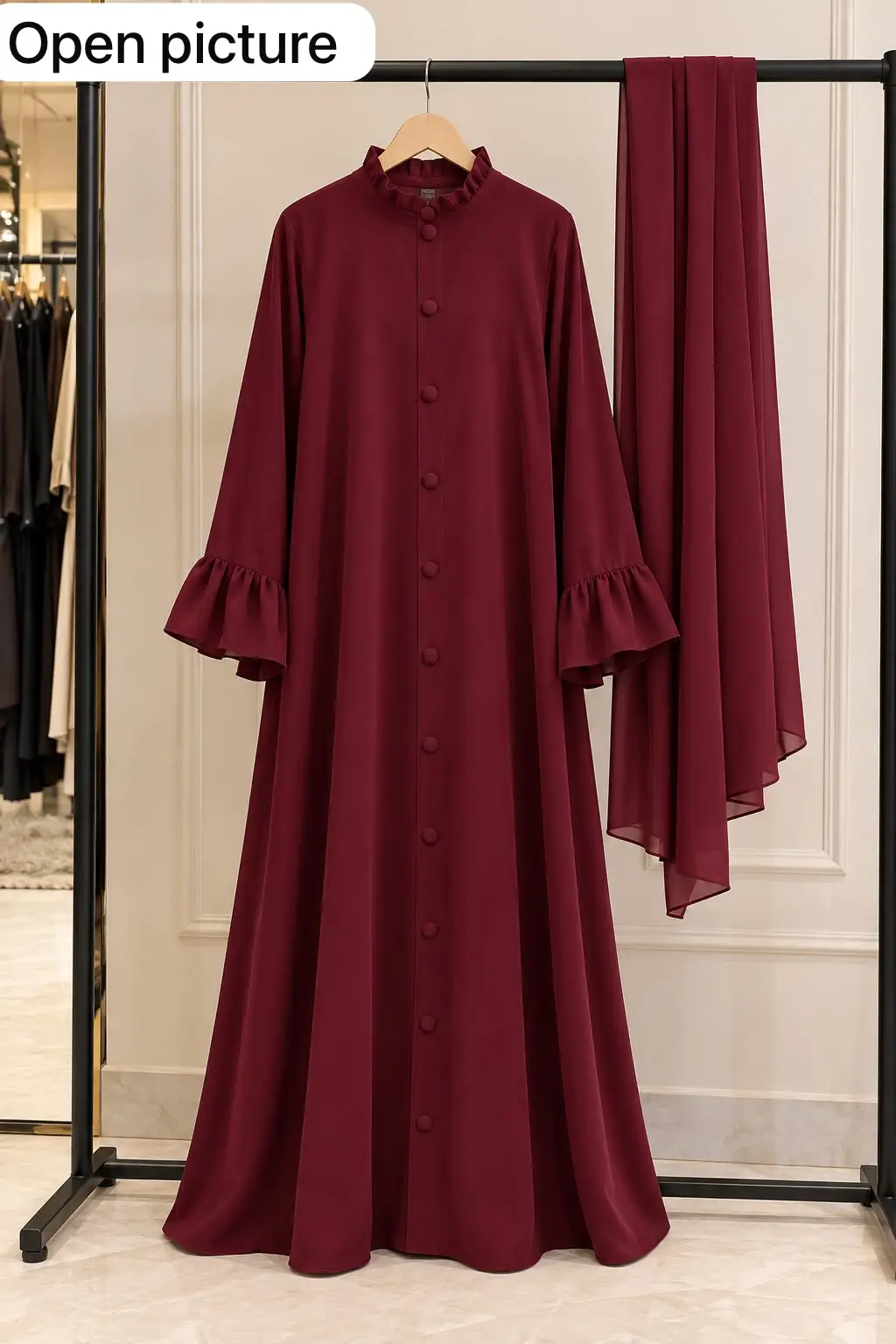 Ruffle Button Abaya with Matching Scarf & Stole – Wool Peach