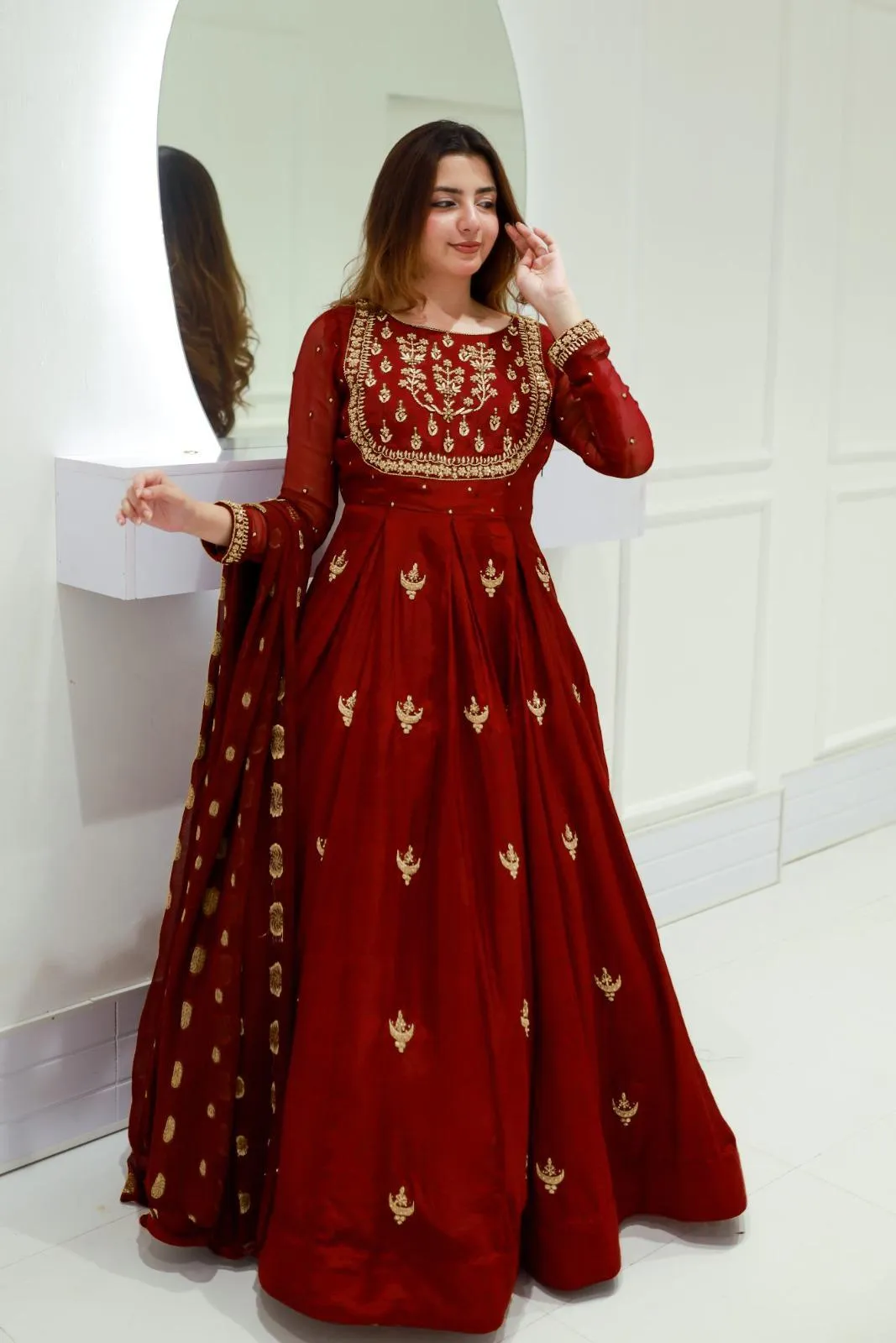 Maroon Chiffon Embroidered 3PC Maxi Suit for Eid Party Wear Medium