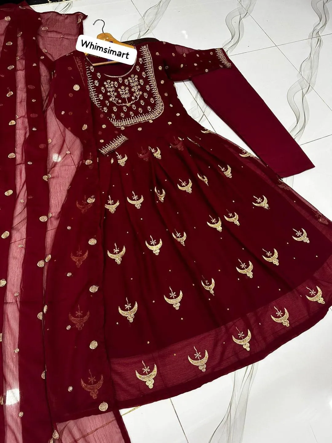 Maroon Chiffon Embroidered 3PC Maxi Suit for Eid Party Wear Medium