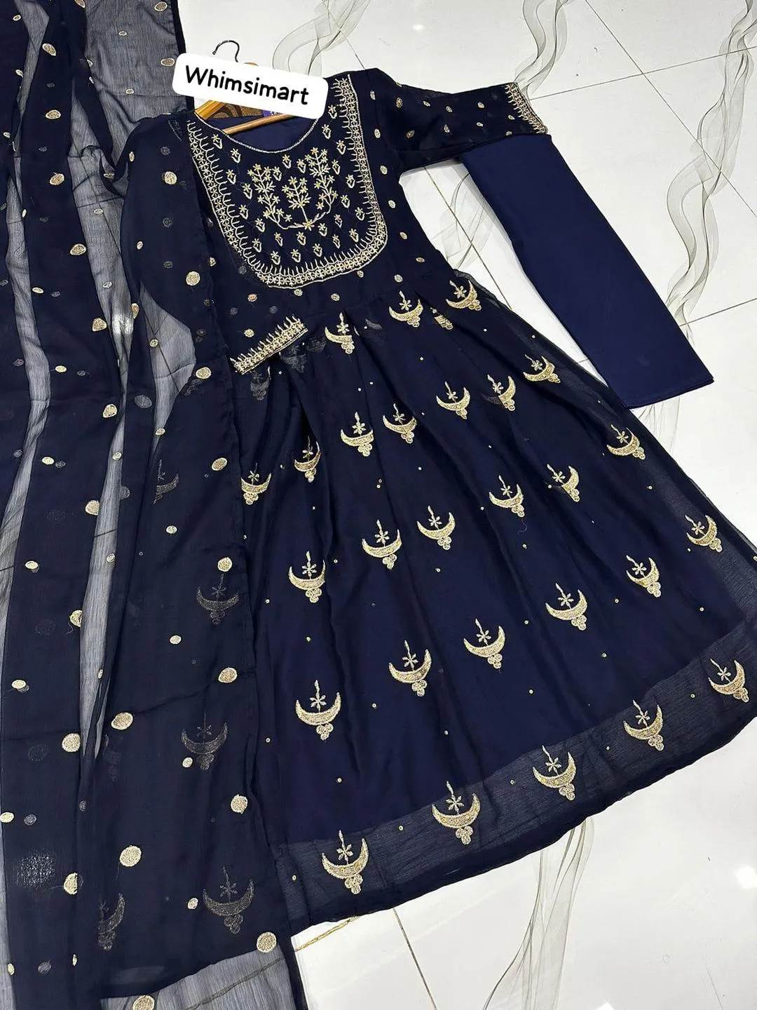 Blue Chiffon Embroidered Maxi 3PC Suit for Eid Party Wear Medium