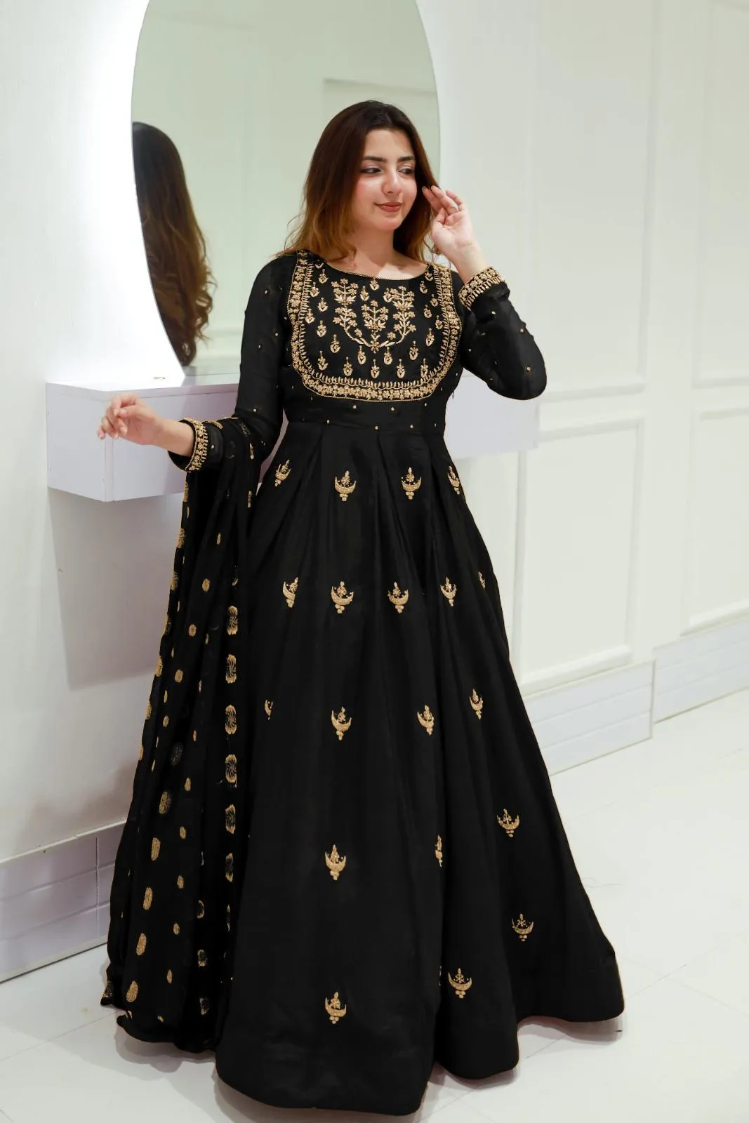 Black Chiffon Embroidered Maxi 3PC Suit for Eid Party Wear Medium