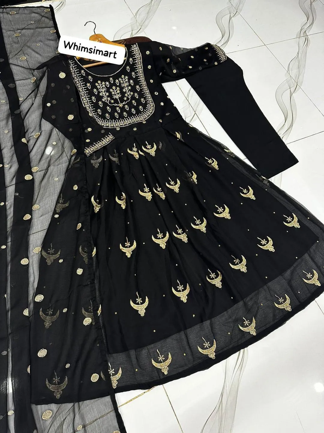Black Chiffon Embroidered Maxi 3PC Suit for Eid Party Wear Medium