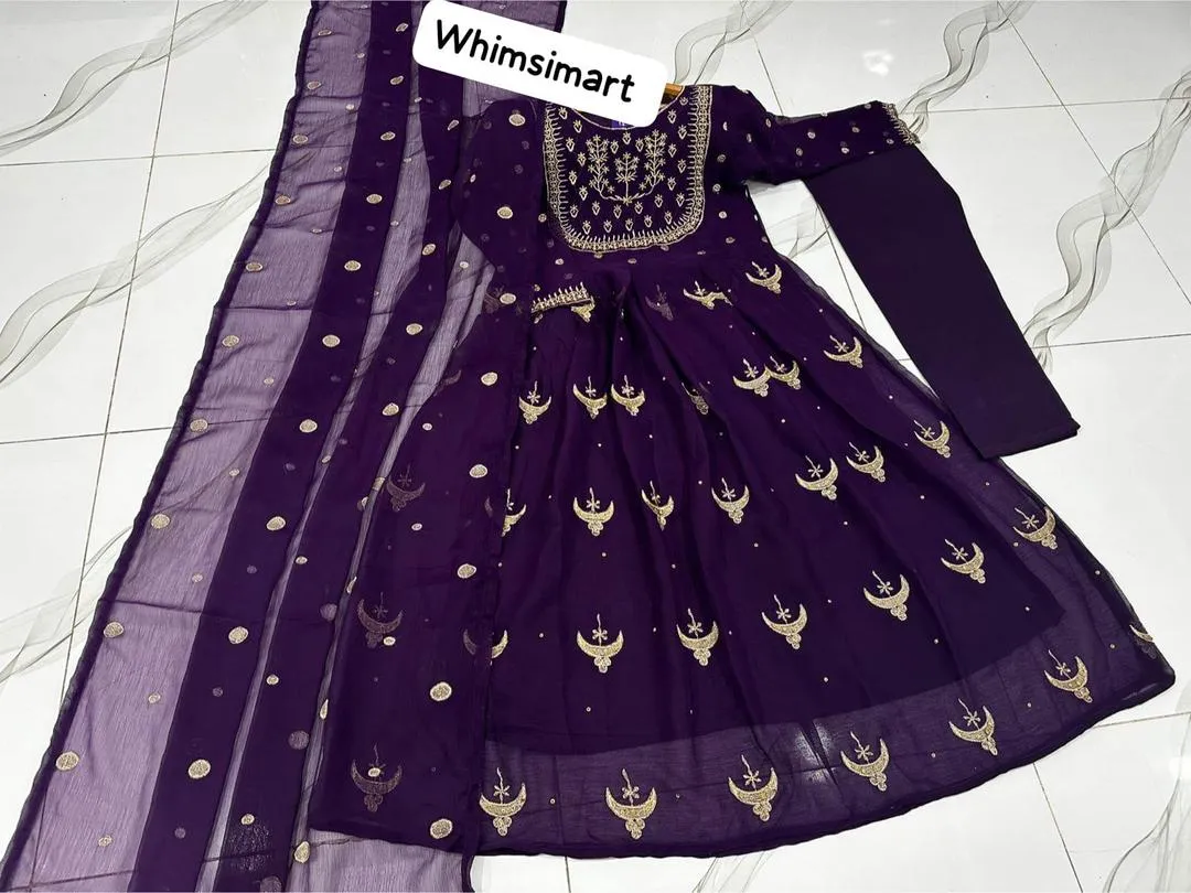 Purple Chiffon Embroidered 3PC Maxi Suit Set for Eid Party Wear Medium