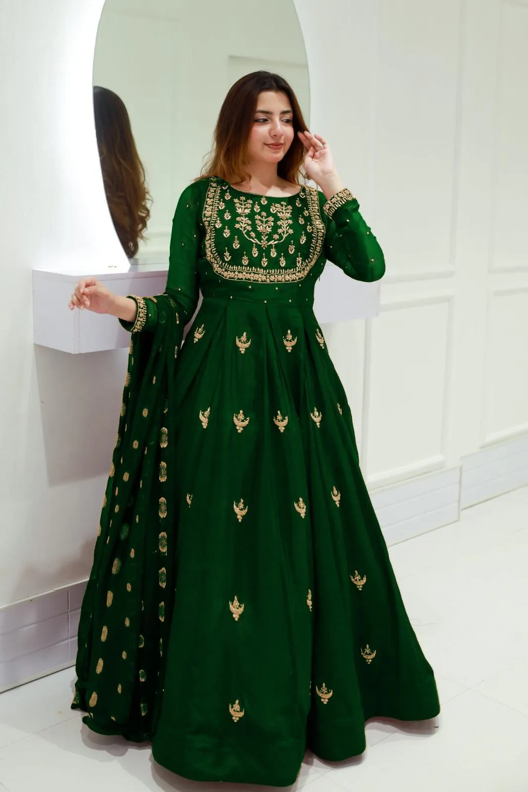 Green Chiffon Embroidered 3PC Maxi Suit for Eid Party Wear Medium