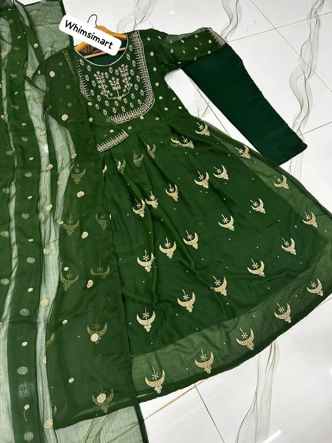 Green Chiffon Embroidered 3PC Maxi Suit for Eid Party Wear Medium