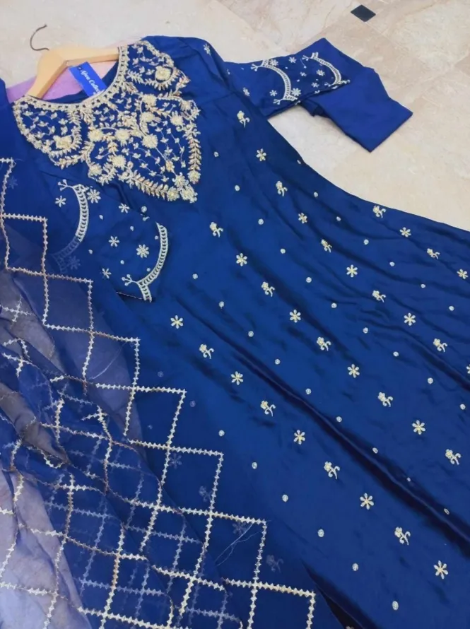 Blue Heavy Embroidered Shamose Silk Maxi Dress 3Pcs Party Wear