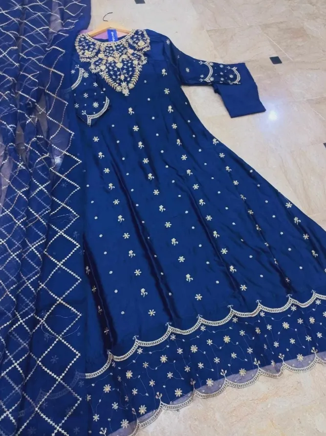 Blue Heavy Embroidered Shamose Silk Maxi Dress 3Pcs Party Wear
