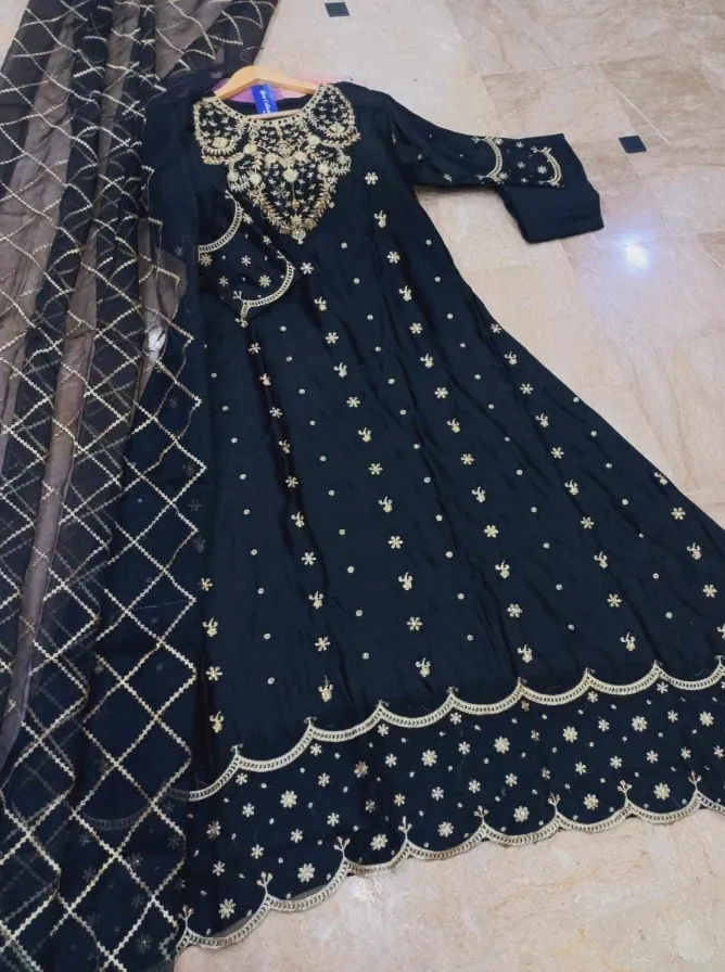 Black Heavy Embroidered Shamose Silk Maxi Dress 3Pcs Party Wear
