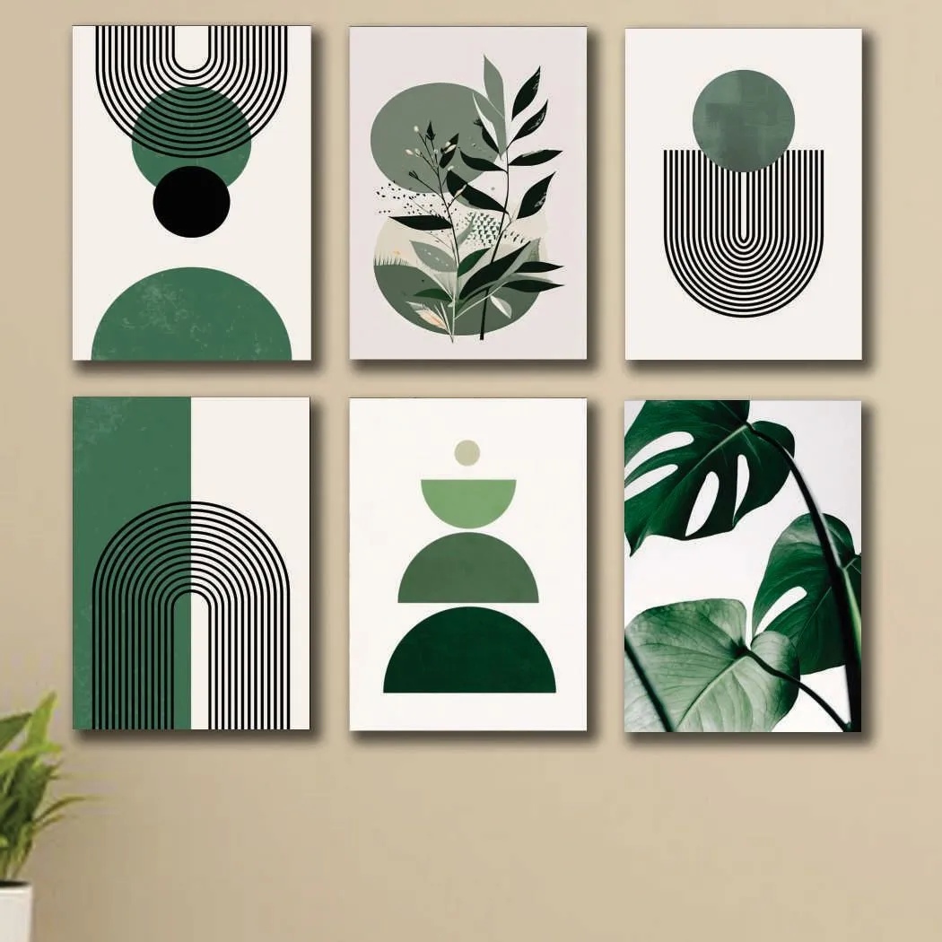 Abstract Green Leaf Wall Art Set 6Pcs 8x11 Inch