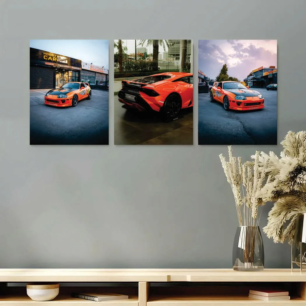 3 Pcs Orange Car Wall Art Set 8x11 MDF