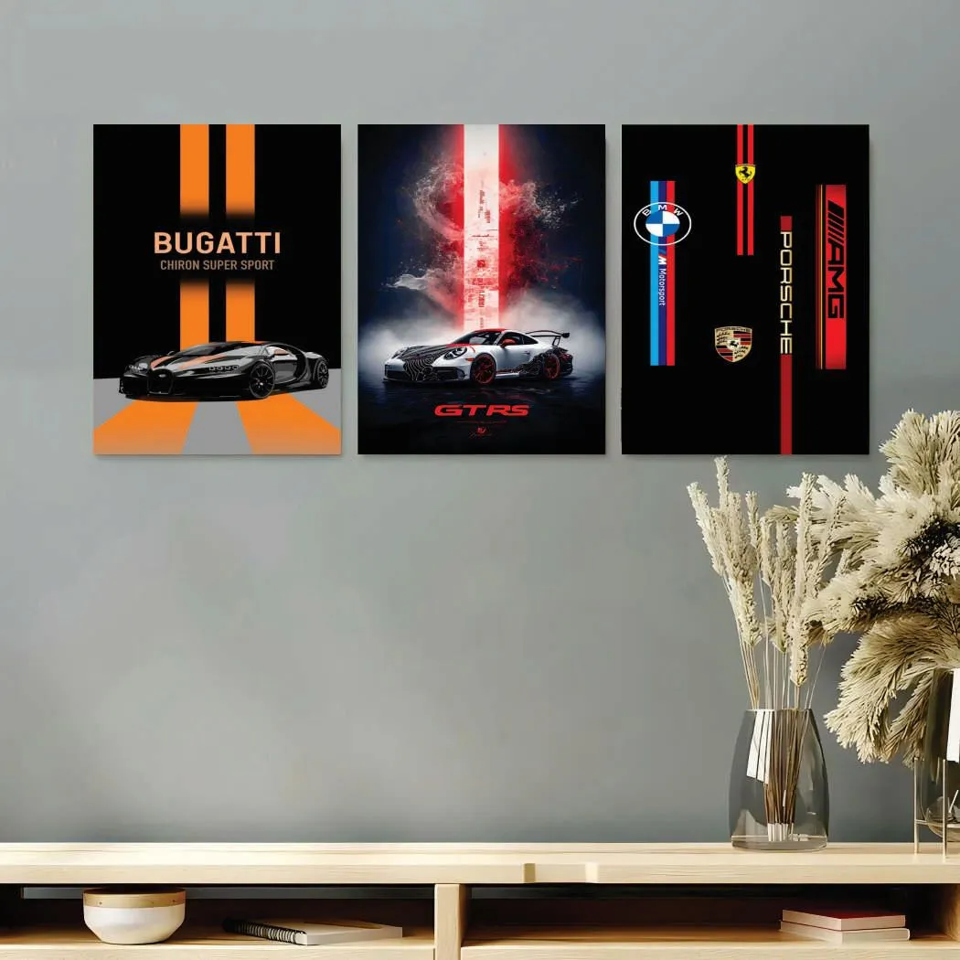 3 Pcs Car Design Wall Art Paintings 8x11 MDF Multicolor