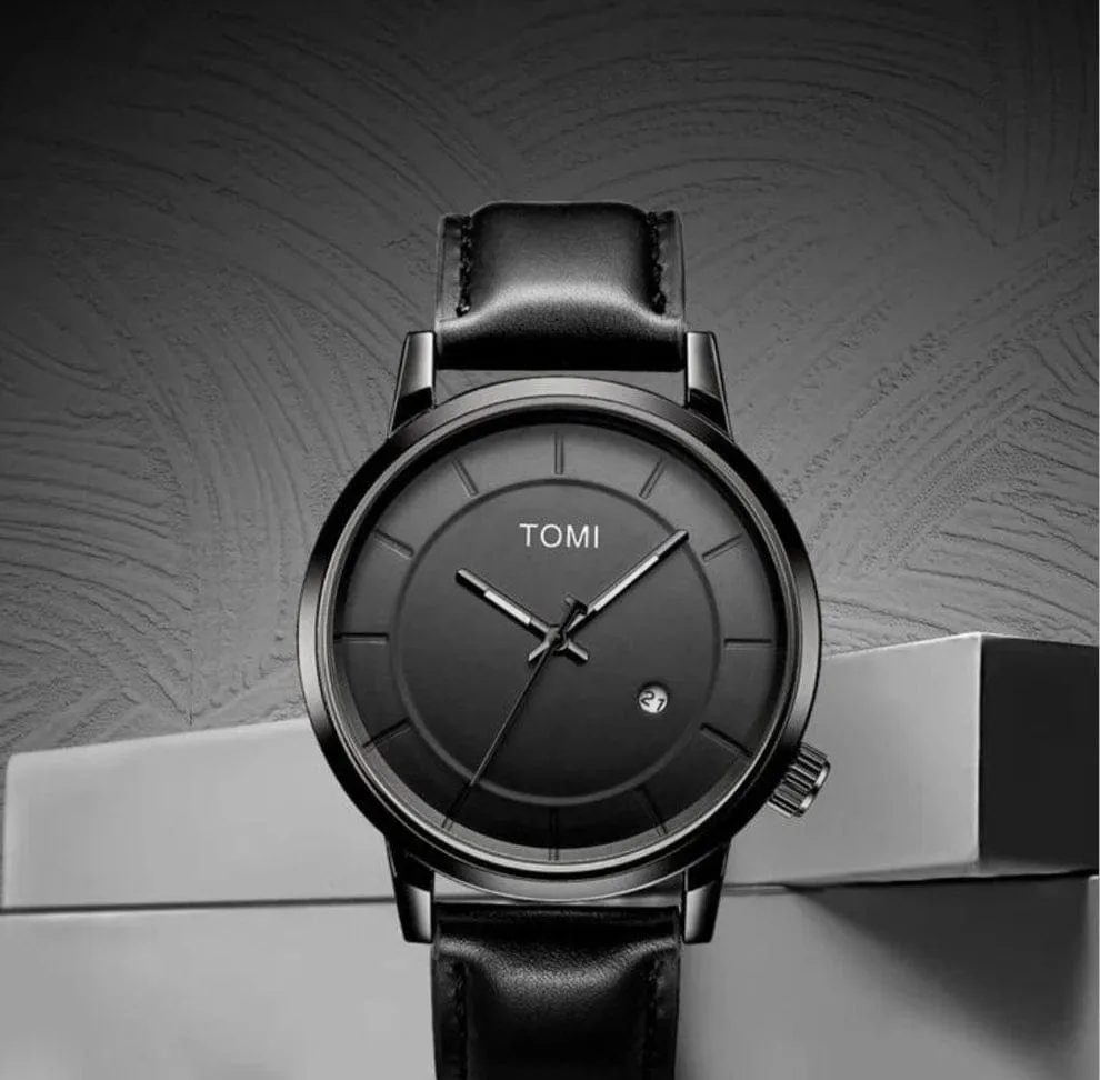 TOMI T-071 Watch For Men Date Quartz Round Shape With Leather Strap