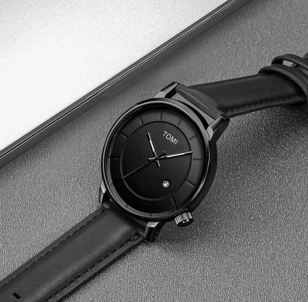 TOMI T-071 Watch For Men Date Quartz Round Shape With Leather Strap