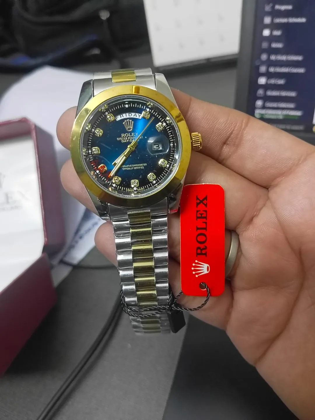 Rolex Semi Automatic Watch Blue Dial with golden silver strap