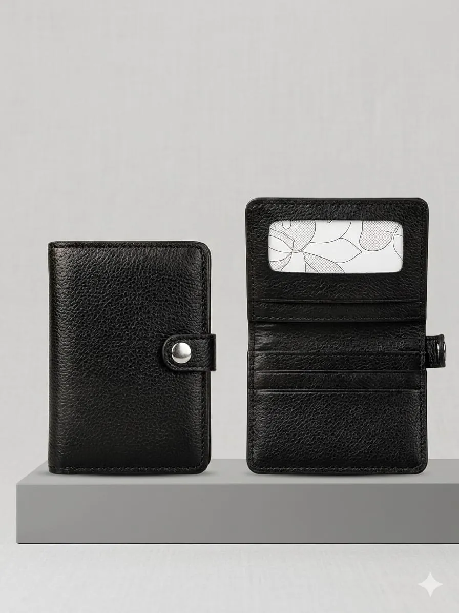 Classic Black Leather Card Holder Wallet with ID Window