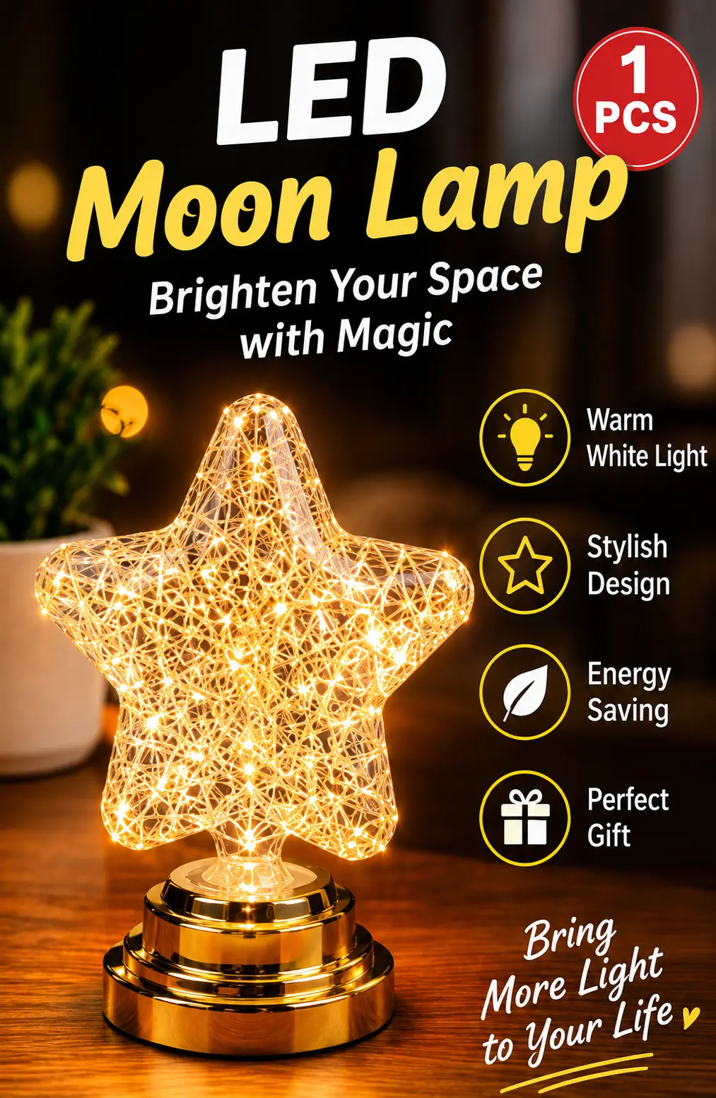 Luxury LED Moon Lamp Star Light – Elegant Decorative Night Lamp for Bedroom, Living Room & Gift Giving