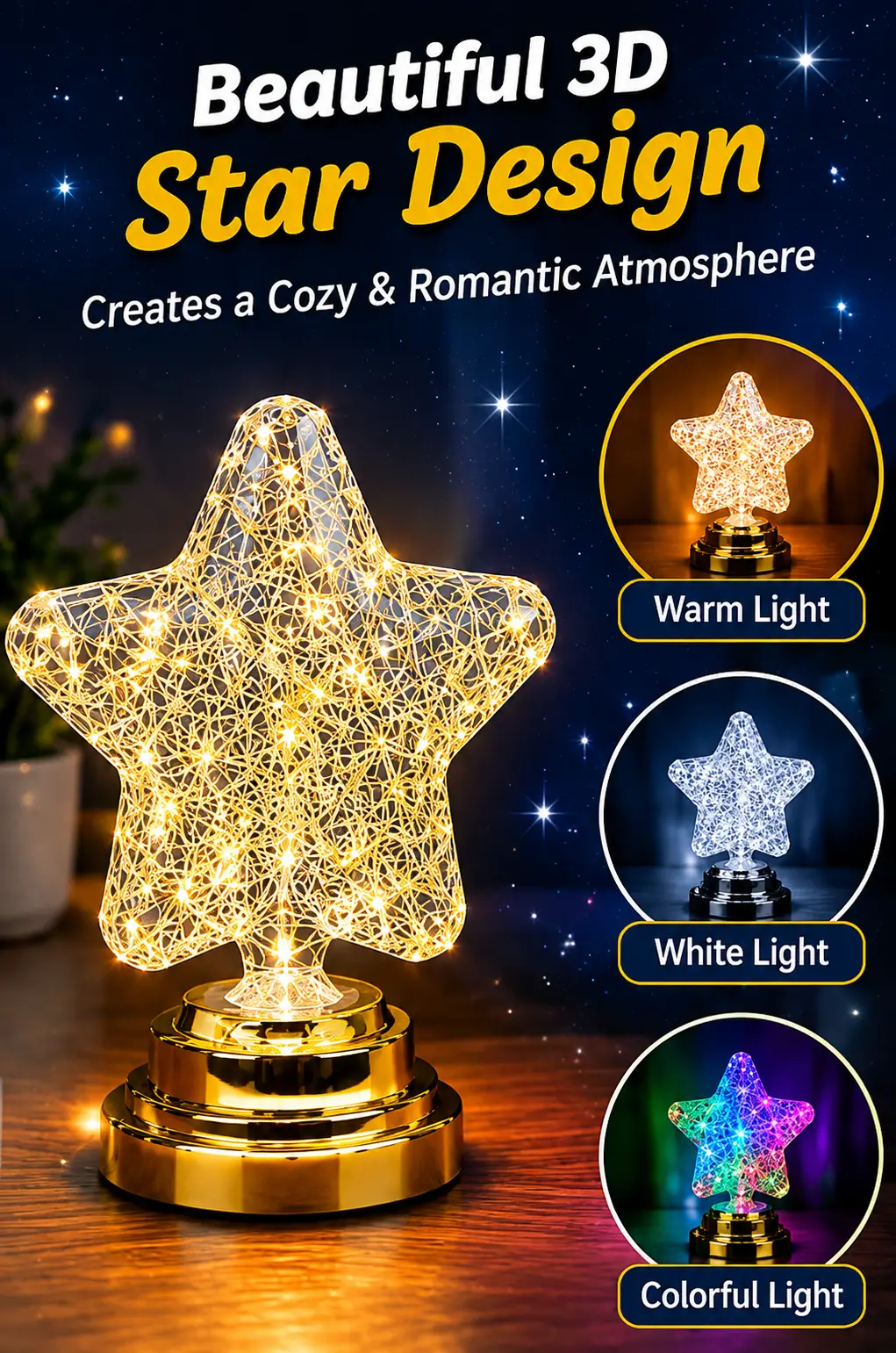 Luxury LED Moon Lamp Star Light – Elegant Decorative Night Lamp for Bedroom, Living Room & Gift Giving
