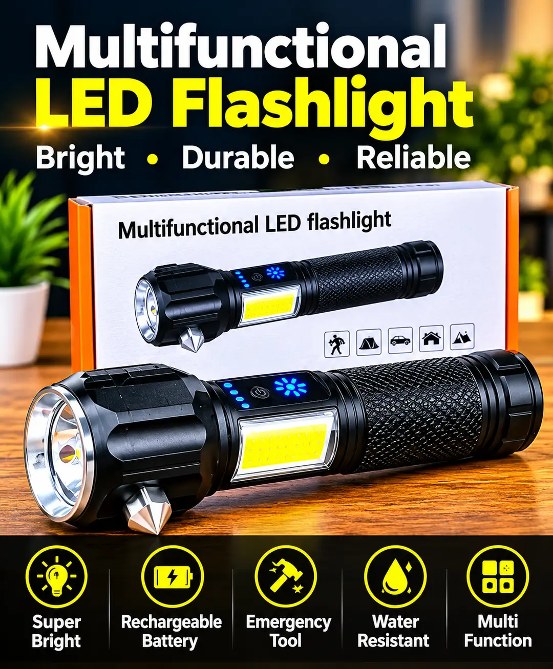 Multifunctional LED Flashlight – Powerful Rechargeable Torch with COB Side Light, Portable Emergency Light for Camping, Hiking, Car & Home Use