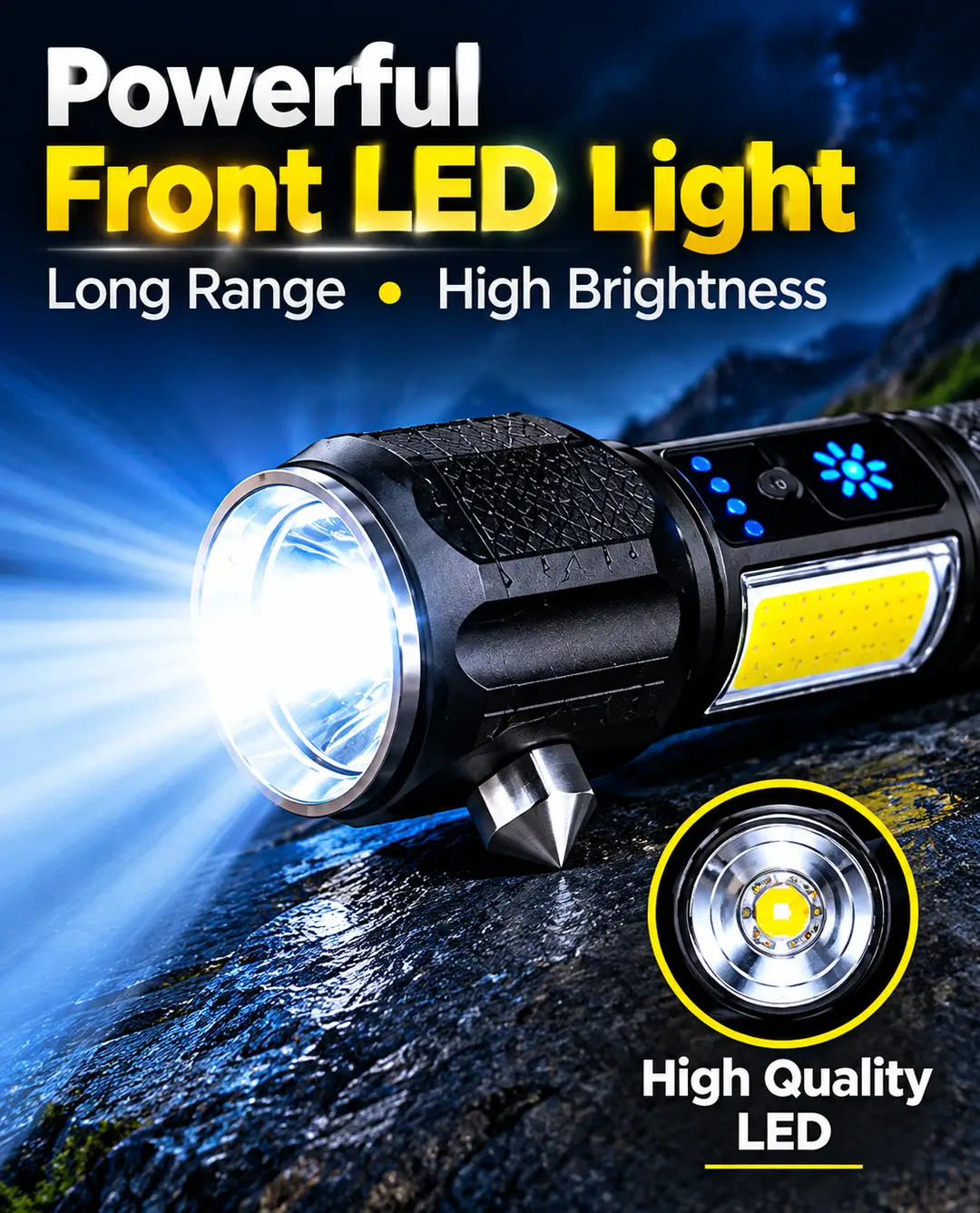Multifunctional LED Flashlight – Powerful Rechargeable Torch with COB Side Light, Portable Emergency Light for Camping, Hiking, Car & Home Use